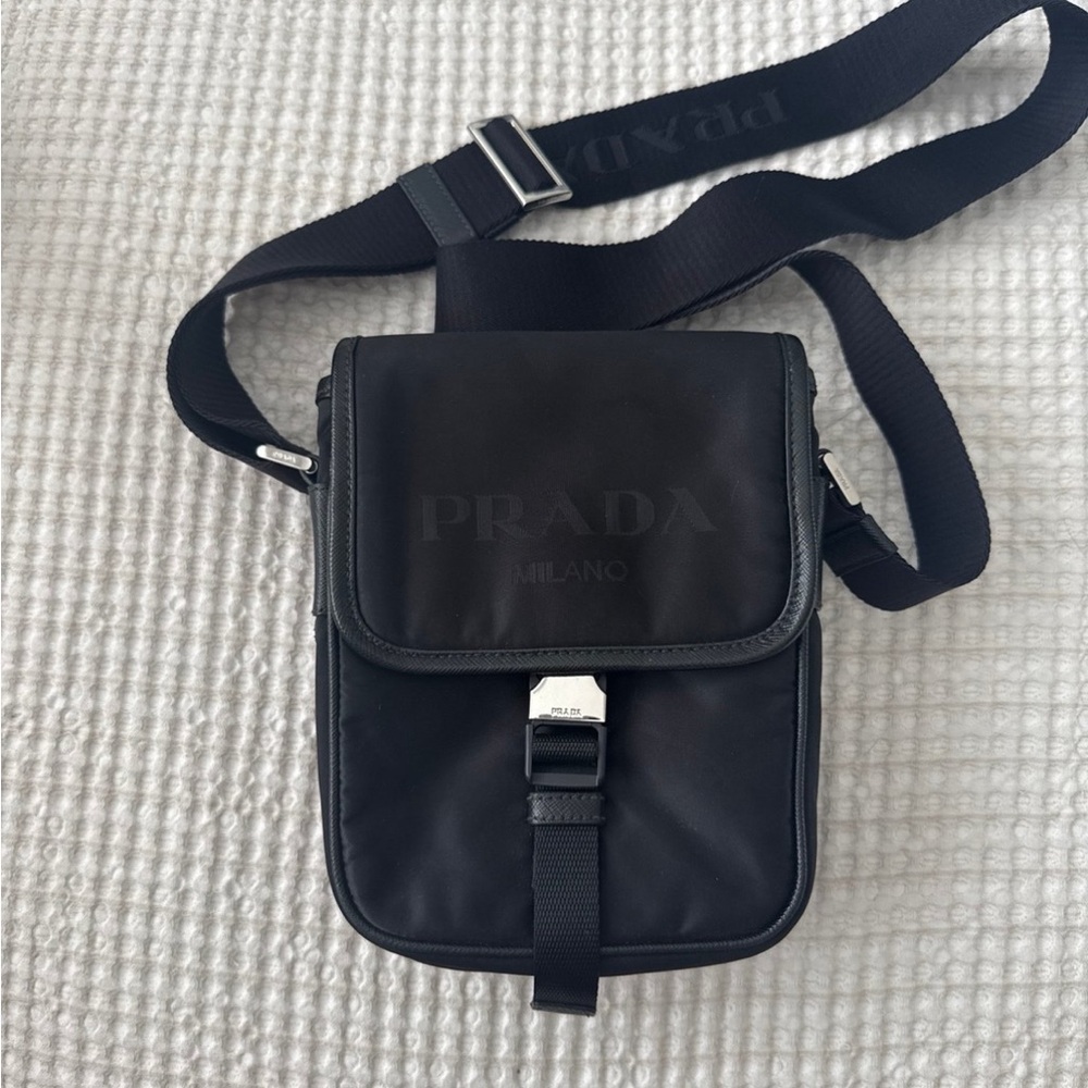 Prada Black Leather and Re-Nylon Flap Messenger Bag